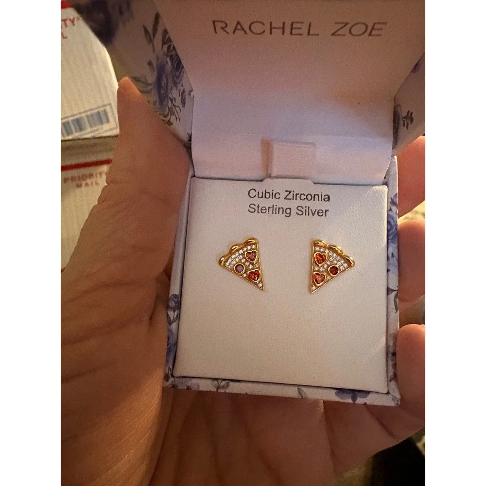Rachel Zoe Pizza Stud Earrings Gold Sterling Silver Cubic Zirconia Red - Picture 1 of 8